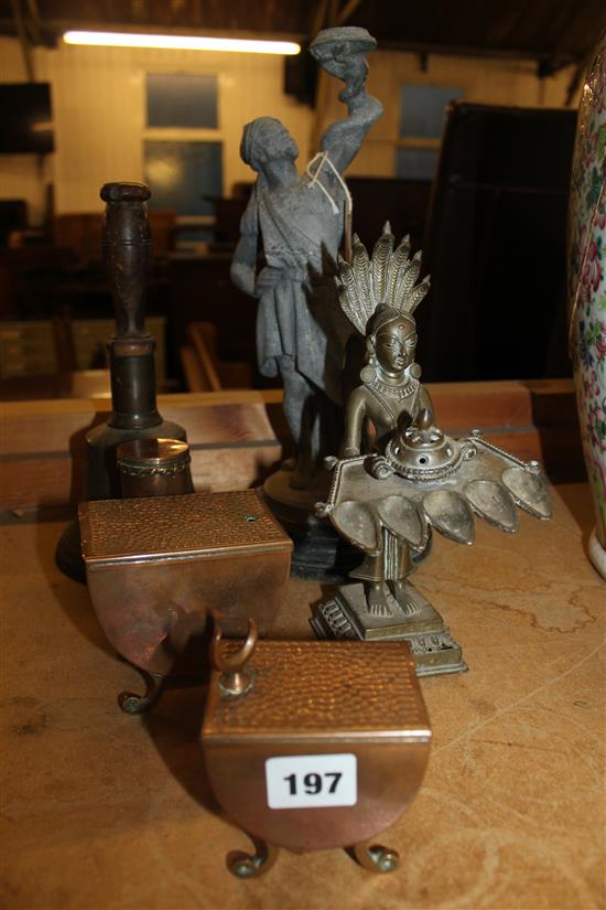 An Indian bronze oil lamp, a handbell, Spelter figure etc